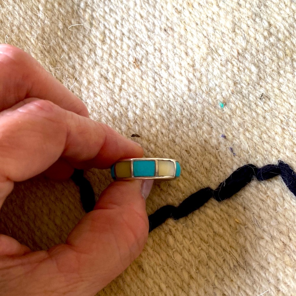 Boho Sundance Catalog solid sterling silver turquoise and opal ring. Size 8